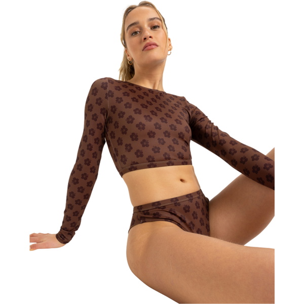 2025 Roxy Womens Roxy Pro Nose Ride Crop Surf Top ERJWR03840 - Chocolate Plum Polkabiscus